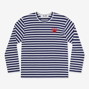 Metalstone Striped Long Sleeve White T-Shirt Navy