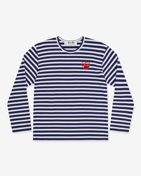 Metalstone Striped Long Sleeve White T-Shirt Navy